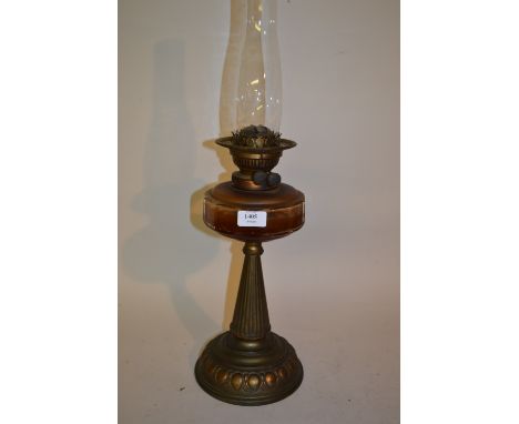 19th / early 20th Century brass and glass oil lamp with glass chimney