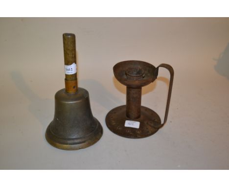 20th Century wooden handled school bell and a metal candlestick