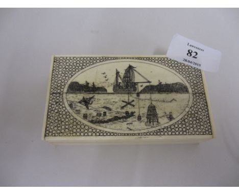 Rectangular bone trinket box engraved with a sailing ship in harbour