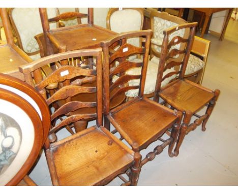Set of four 18th Century elm ladder back chairs with panel seats on turned supports together with a pair of similar ladder ba