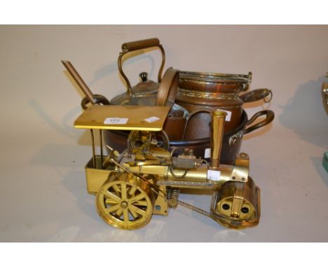 Brass model of a traction engine, copper post horn and a quantity of other metalware