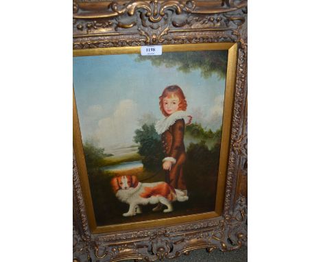 Modern oil on canvas, portrait of a boy with dog in a landscape, 15.5ins x 11.5ins, gilt framed