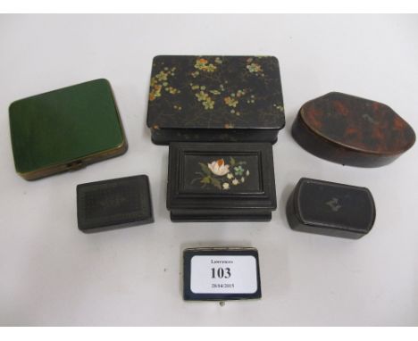 19th Century stamp box with pietra dura lid together with a collection of six other various snuff boxes and compacts