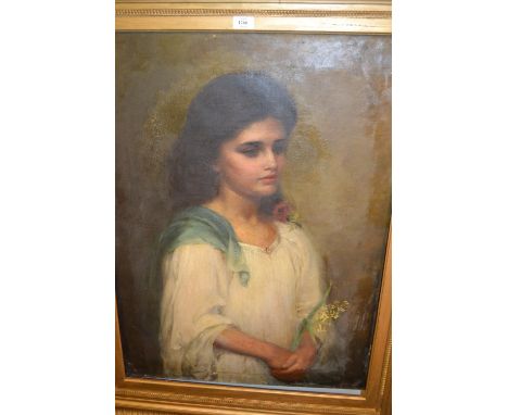 Late 19th / early 20th Century oil on canvas, half length portrait of a girl wearing a white gown, 33ins x 24.5ins, gilt fram
