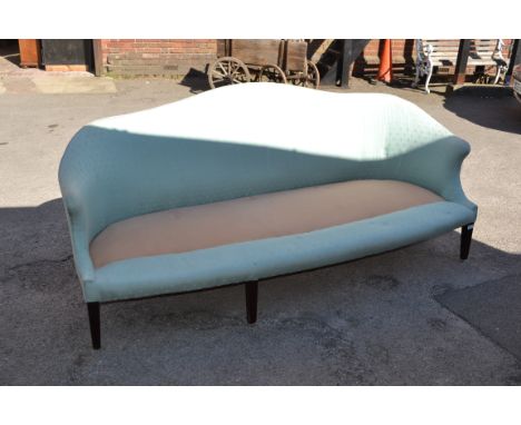 19th Century three seat pale green upholstered sofa on square tapering supports (a/f - lacking cushions)