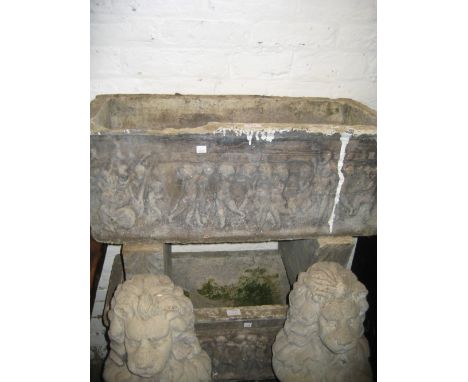 Pair of rectangular cast concrete garden planters relief moulded with cherubs