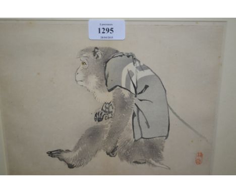 Three framed oriental woodblock prints, study of a monkey, bird on a branch and landscape, all signed with seal marks