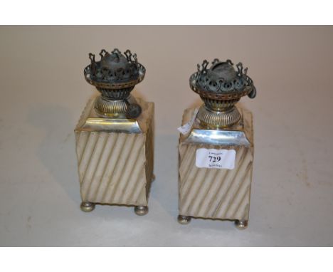Pair of small early 20th Century plated oil lamp bases with fluted decoration