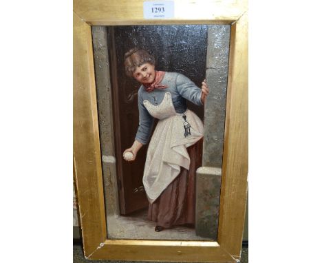 19th Century oil on panel, portrait of a young lady by a doorway, 13ins x 7ins