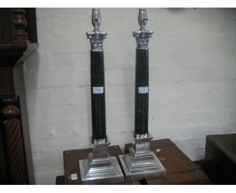 Pair of silver plated and green marble Corinthian column table lamp bases