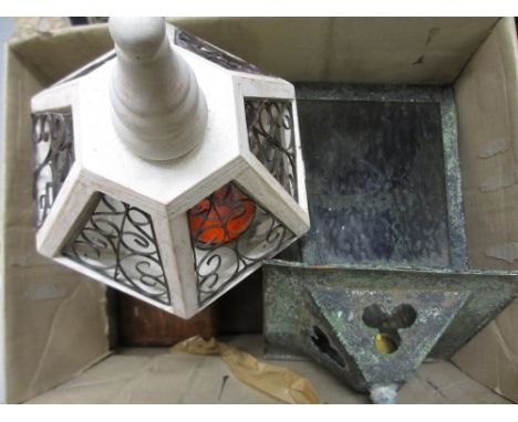 Boxed set of brass balance scales, carved wooden wall applique in the form of a horses head and a quantity of small glass bot