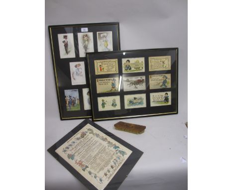 Two framed groups of 20th Century postcards and a 19th Century programme for the Japanese Village, Albert Gate, Hyde Park, da