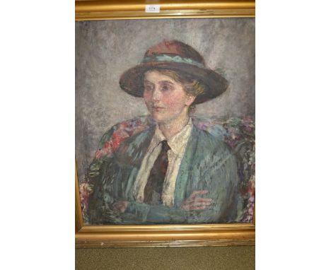 Fairlie Harmer, signed oil on canvas, portrait of a Bohemian lady (possibly self portrait), 26ins x 23ins, gilt framed