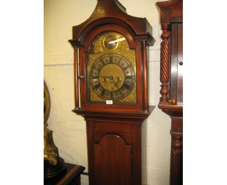 19th Century mahogany longcase clock having arched hood with brass dial and silvered chapter ring with Roman numerals, date a