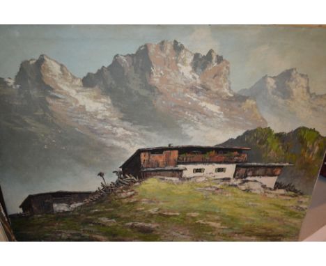 Oil on canvas, view of an Alpine chalet, another river scene with cottages and another, estuary scene with figures before moo