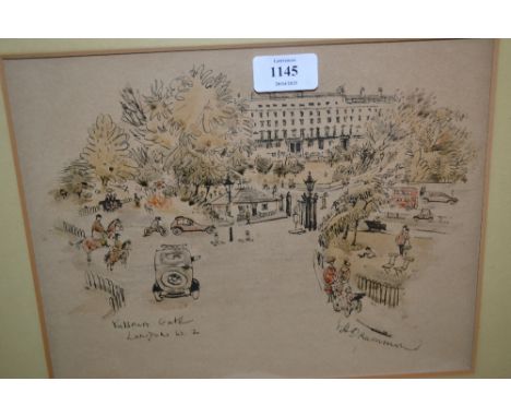 Ink and watercolour drawing, view of Victoria Gate, London W2, signed Drummond