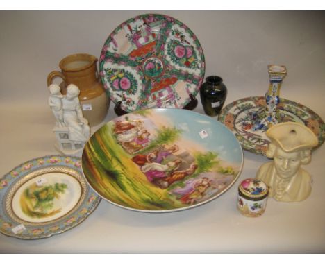 Bisque porcelain figure of a seated mother with child (a/f), a Royal Bursley iridescent glass baluster form vase and a small 