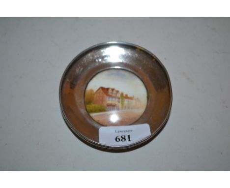 Small circular Birmingham silver mounted Royal Worcester trinket dish with painted street scene, signed Rushton