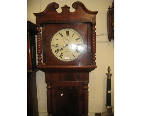 19th Century mahogany longcase clock, the swan neck pediment above shaped door flanked by spiral columns and conforming base,