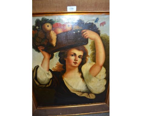 Oil on canvas, applied to board, head and shoulder portrait of a girl with a basket of fruit, 23ins x 19ins, gilt framed