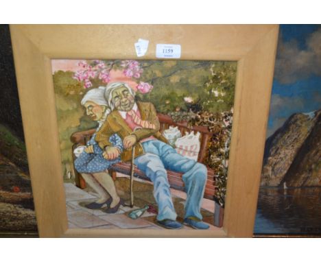 Modern oil on board, study of an elderly couple asleep on a garden bench, signed Jeanne, 13ins x 12ins