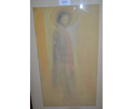 After Whistler, coloured chalk drawing, portrait of a lady in a wide brimmed hat, housed in a gilt frame with corner roundels