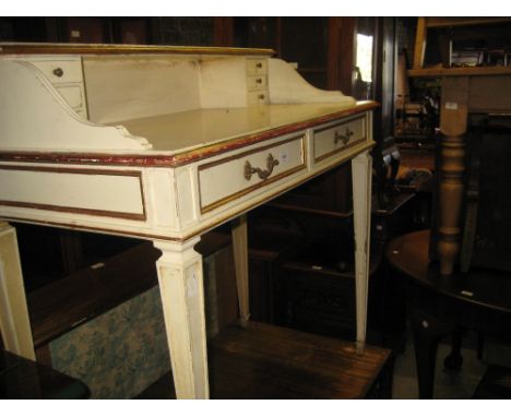 Mid 20th Century side table or writing desk with distressed painted finish, the superstructure of drawers and shelf above two