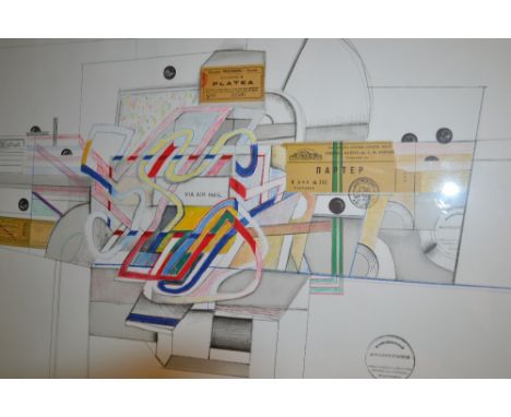 Saul Steinberg, coloured lithograph, ' Via Airmail ', 21ins x 28ins, framed