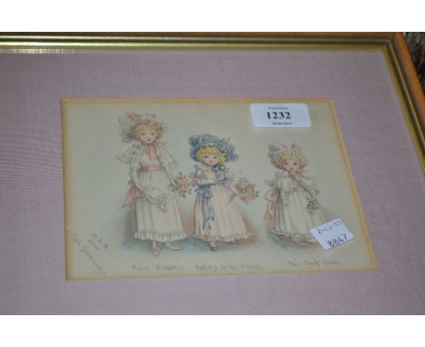 After Kate Greenaway, pencil and watercolour of three young girls, entitled ' Pink Ribbons, Taking in the Roses, the Pink Sas