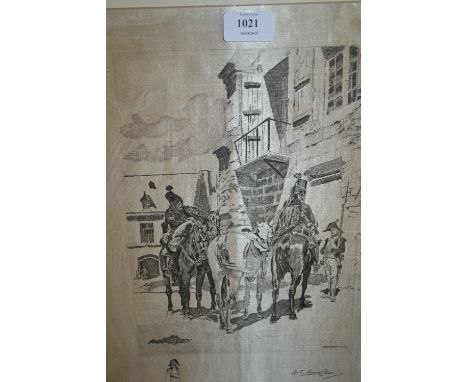 W. Edwin Law, engraving on silk, French cavalry soldiers after Meissonier, together with another engraving on silk of a seate