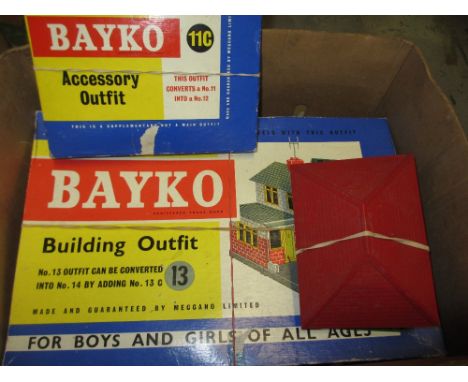 Box containing various childrens building sets including Bayko and two sets of mini bricks