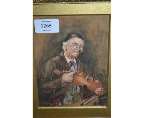 Late 19th Century watercolour, half length portrait of a violinist, inscribed Oakes Jones, '96, in a gilt frame, 6ins x 4.5in