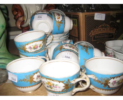 19th Century English porcelain part tea and coffee service hand decorated with panels of floral sprigs, on a turquoise and wh