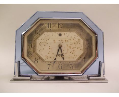 Smiths Art Deco blue glass and chromium plated electric mantel clock