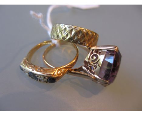 14ct Gold amethyst set ring, gold sapphire and diamond ring and a 9ct gold wedding band