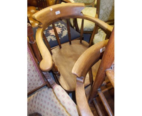 Pair of Victorian beech and elm smokers bow chairs, with stick backs, turned supports and stretchers