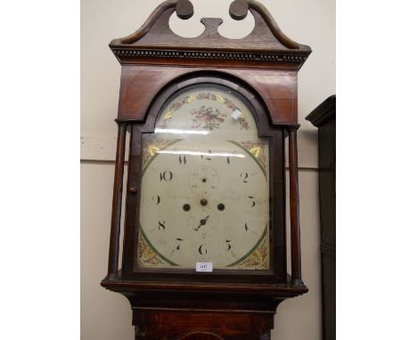 George III oak and mahogany longcase clock, the broken arch hood with swan neck pediment and flanking pilasters above a shape