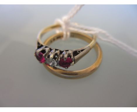 9ct Yellow gold wedding band together with a ruby and diamond set 9ct gold ring