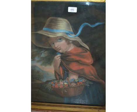 18th / 19th Century pastel drawing, portrait of a young lady with a basket of flowers, 24ins x 19.5ins