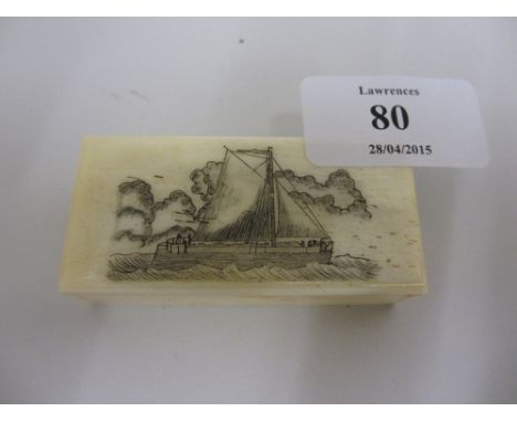 Rectangular bone trinket box engraved with a sailing ship