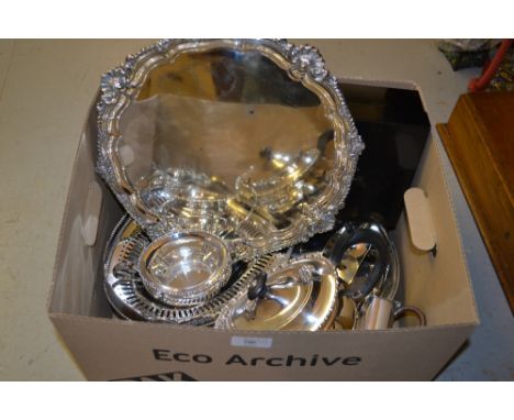 Three piece plated tea service, plated salver, bread basket and other items
