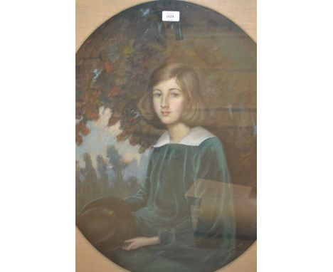 W. Pascoe, pastel portrait of a seated girl wearing a blue green dress and holding a fur hat, a landscape beyond, 30ins x 24i