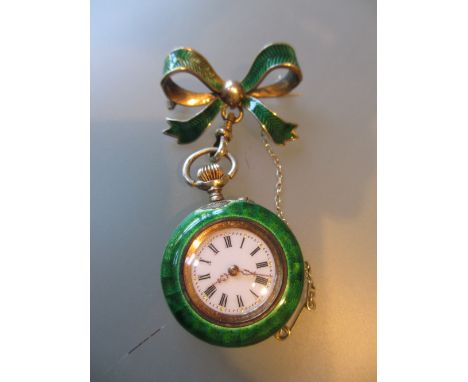 Continental silver and enamel fob watch with bow clip