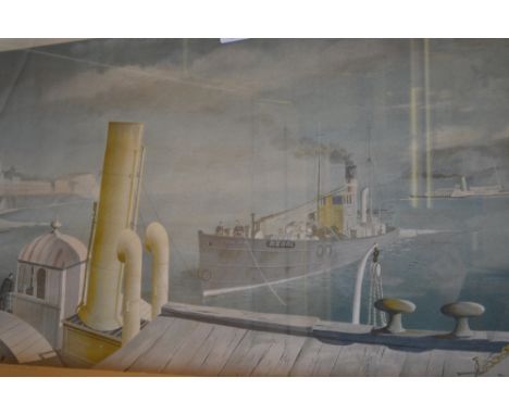 Phoenix Kelly, print, entitled ' Drifter and Paddle Steamers ', togther with M. Martin 19th Century watercolour, landscape wi