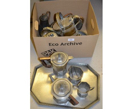 Pewter four piece tea service on an octagonal tray together with other miscellaneous items of pewter and silver plate