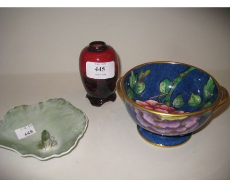 Small Royal Doulton baluster form flambe vase decorated with a landscape, a Maling two handled pedestal dish decorated with f