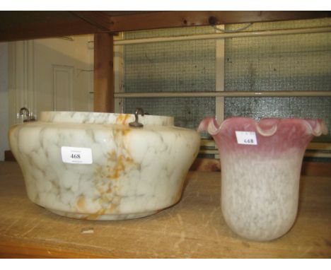Opaque mottled glass hanging lamp shade and a pink and white mottled glass shade