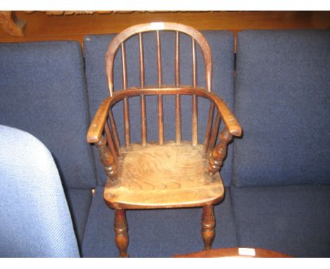 Child's 19th Century stick back Windsor type armchair with elm seat and turned supports (with repairs)