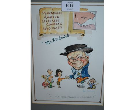 Harry Fairbairn, watercolour caricature, ' Mr Pickwick ', signed, framed together with Forestier, print on silk, a seated cav