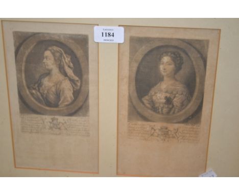 Pair of framed portrait engravings, in a single frame together with an ebonised framed coloured print